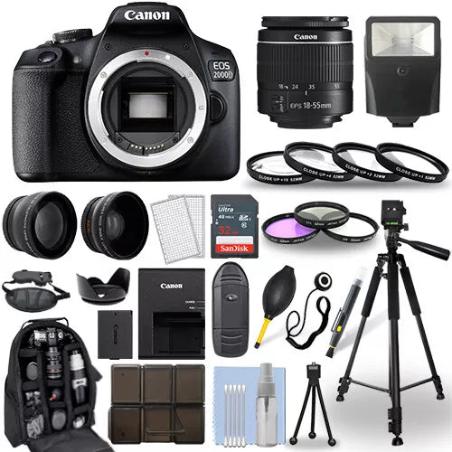Canon EOS 2000D / Rebel T7 DSLR Camera + 18-55mm Lens+ 30 Piece Accessory Bundle black